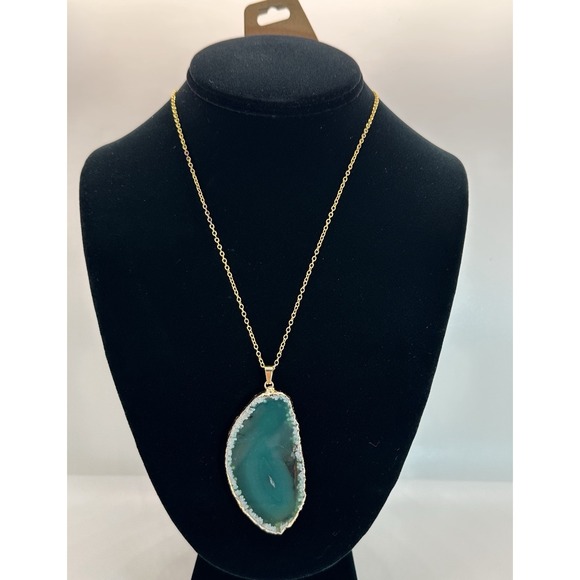 Accessories - Green Agate Slice Necklace w/ 18" Gold Tone Trim Chain Adjustable Healing Stone